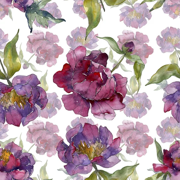 Purple Peonies Watercolor Illustration Set Seamless Background Pattern Fabric Wallpaper — Stock Photo, Image