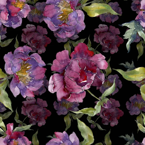 Purple Peonies Watercolor Illustration Set Seamless Background Pattern Fabric Wallpaper — Stock Photo, Image