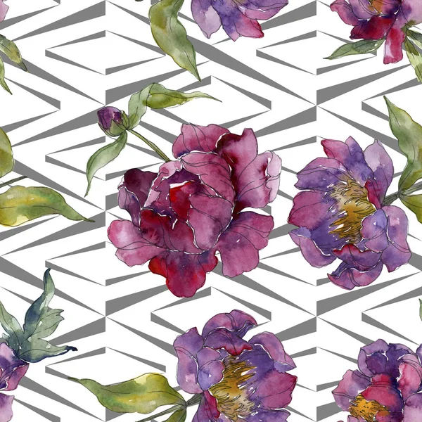 Purple Peonies Watercolor Illustration Set Seamless Background Pattern Fabric Wallpaper — Stock Photo, Image