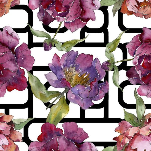 Purple peonies watercolor illustration set. Seamless background pattern. Fabric wallpaper print texture.