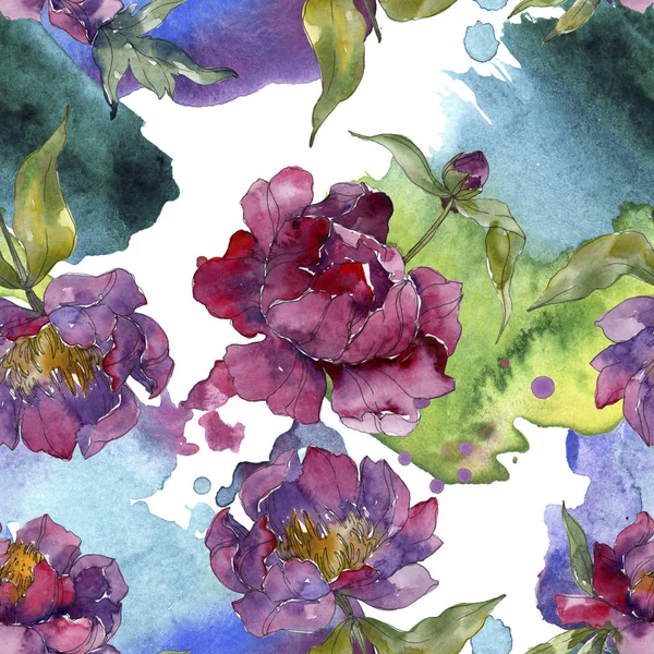 Purple Peonies Watercolor Illustration Set Seamless Background Pattern Fabric Wallpaper — Stock Photo, Image