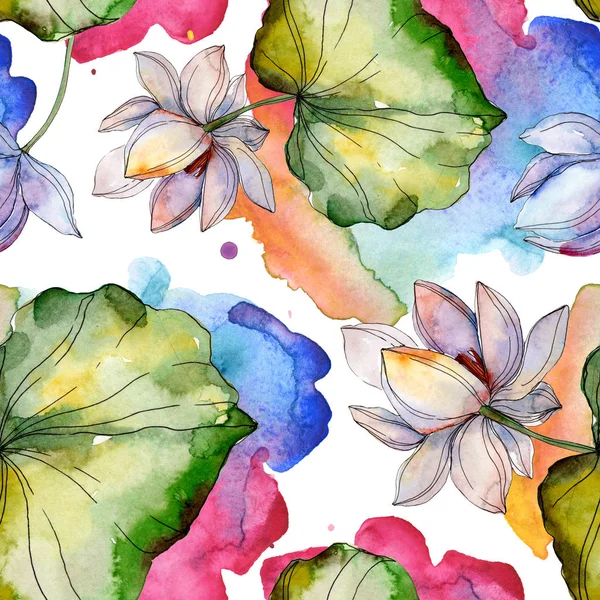 Blue Purple Lotuses Leaves Watercolor Illustration Set Seamless Background Pattern — Stock Photo, Image