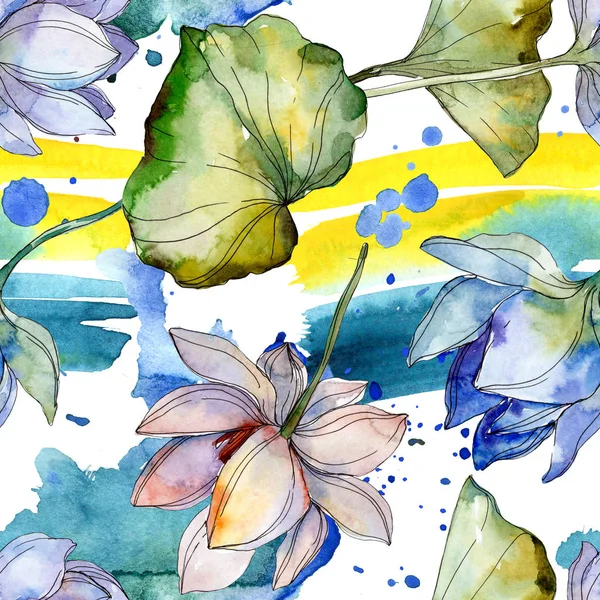 Blue Purple Lotuses Leaves Watercolor Illustration Set Seamless Background Pattern — Stock Photo, Image
