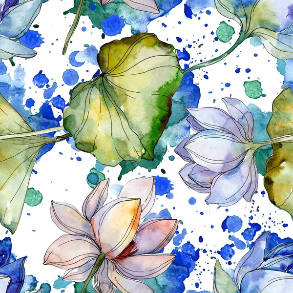 Blue Purple Lotuses Leaves Watercolor Illustration Set Seamless Background Pattern — Stock Photo, Image