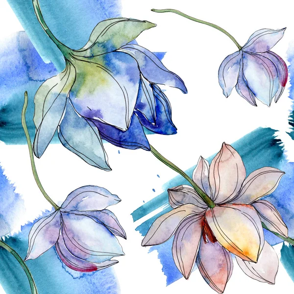 Blå Och Lila Lotuses Med Blad Akvarell Illustration Set Sömlös — Stockfoto