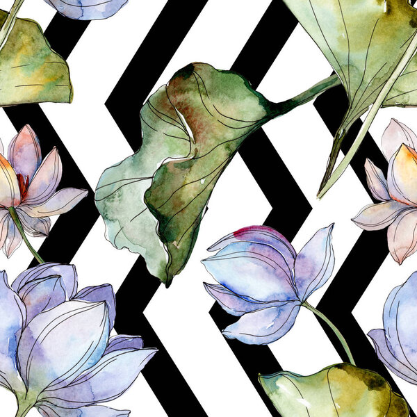 Blue and purple lotuses with leaves. Watercolor illustration set. Seamless background pattern. Fabric wallpaper print texture.