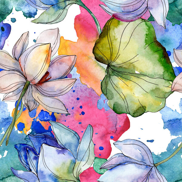 Синий и фиолетовый лотосы с листьями. Набор акварельных рисунков. Бесшовный рисунок фона. Текстура ткани для печати обоев
.
