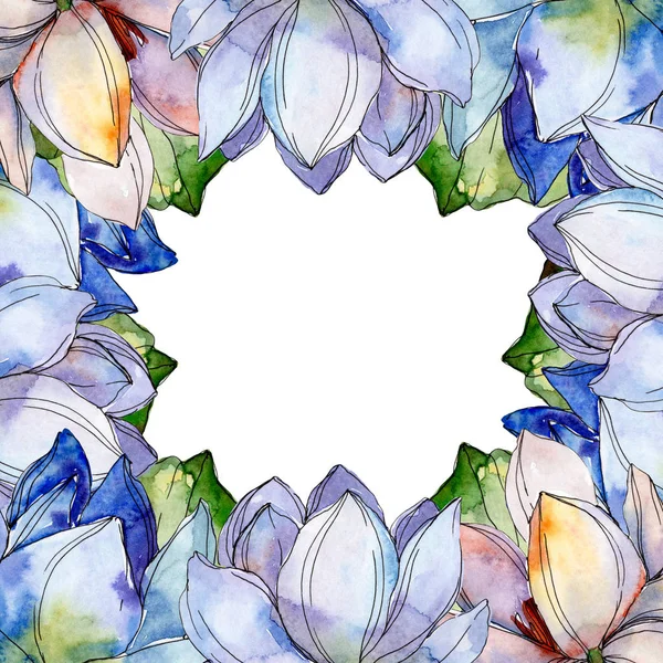 蓝色和紫色的莲花 水彩背景插图集 带复制空间的框架边框装饰 — 图库照片