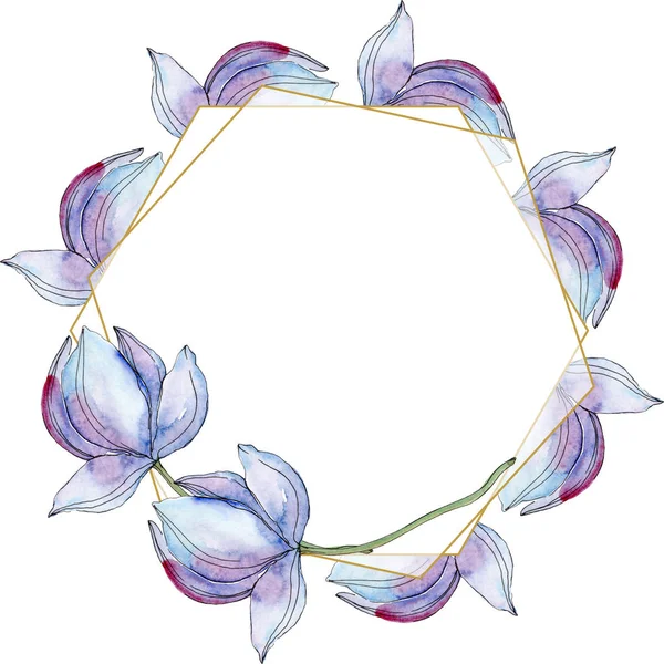 Des Lotus Bleus Ensemble Illustration Fond Aquarelle Cadre Bordure Ornement — Photo