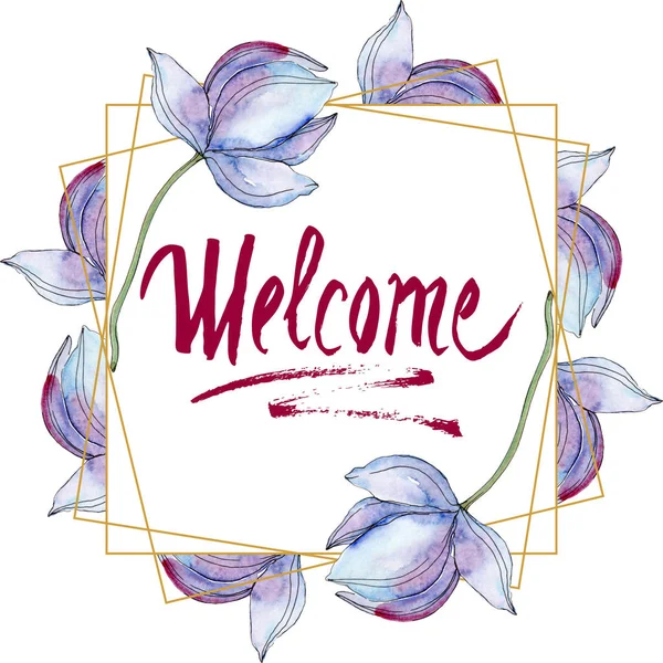 Blaue Und Violette Lotusblüten Aquarell Hintergrundillustration Set Rahmen Bordüre Mit — Stockfoto