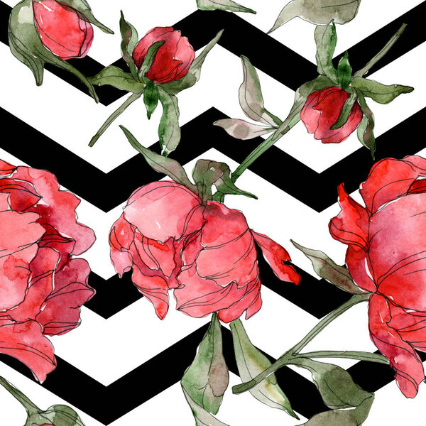 Red peonies watercolor illustration set. Seamless background pattern. Fabric wallpaper print texture.