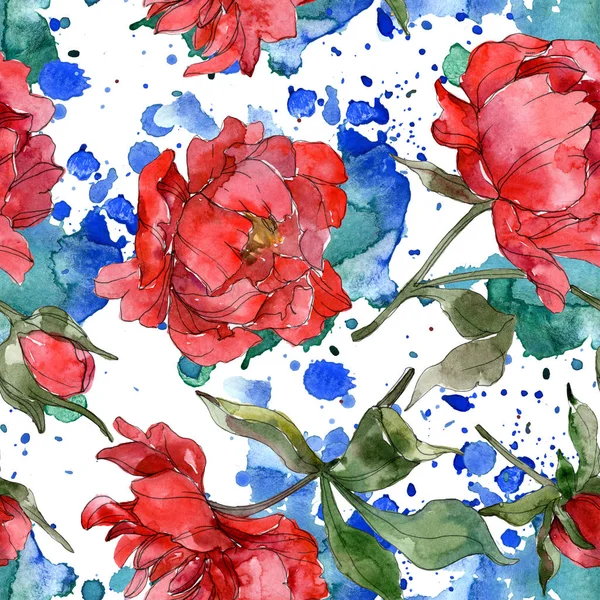 Red Peonies Watercolor Illustration Set Seamless Background Pattern Fabric Wallpaper — Stock Photo, Image