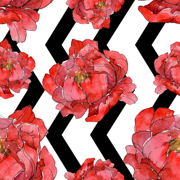 Red Peonies Watercolor Illustration Set Seamless Background Pattern Fabric Wallpaper — Stock Photo, Image