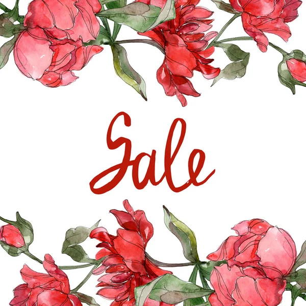 Red Peonies Watercolor Background Illustration Set Isolated White Frame Border — Stock Photo, Image