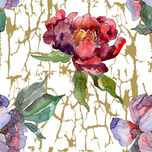 Red Purple Peonies Watercolor Illustration Set Seamless Background Pattern Fabric — Stock Photo, Image