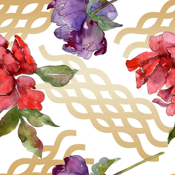 Red Purple Peonies Watercolor Illustration Set Seamless Background Pattern Fabric — Stock Photo, Image