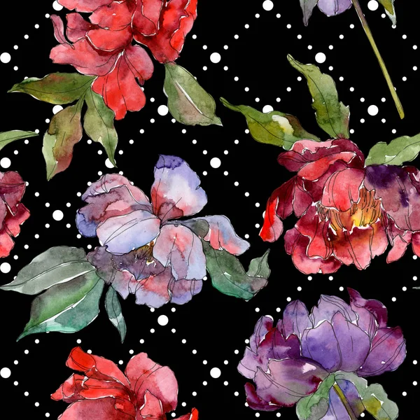 Red Purple Peonies Watercolor Illustration Set Seamless Background Pattern Fabric — Stock Photo, Image