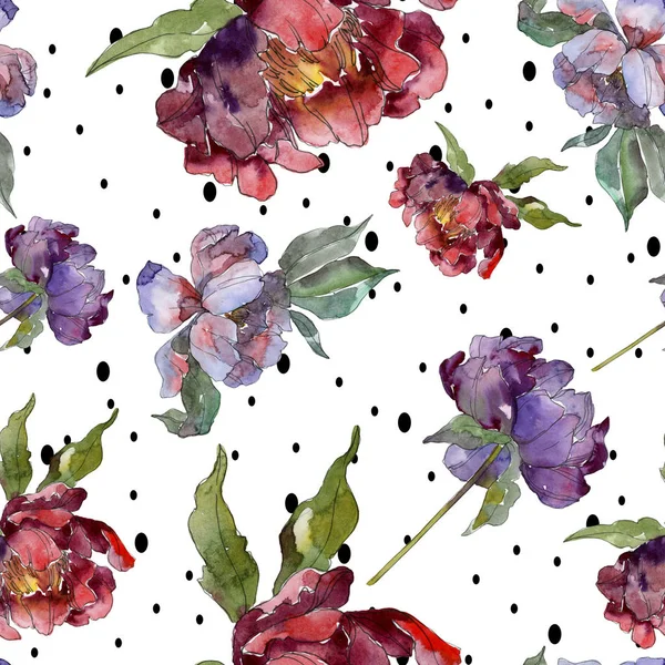 Red Purple Peonies Watercolor Illustration Set Seamless Background Pattern Fabric — Stock Photo, Image