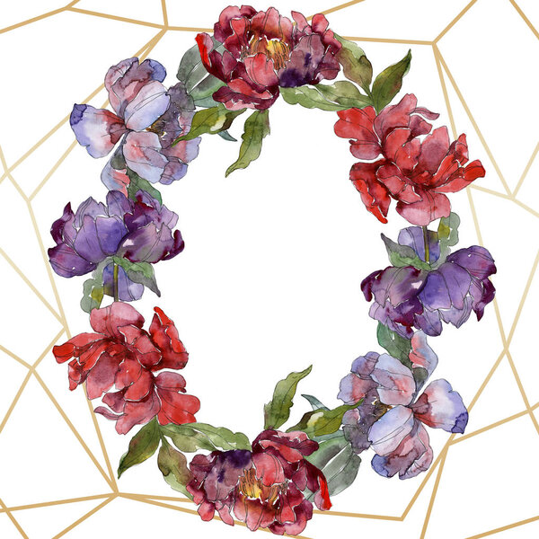 Red and purple peonies. Watercolor background illustration set. Frame border ornament with copy space.