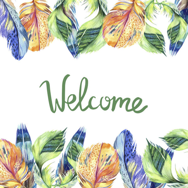 Colorful bird feather from wing isolated. Aquarelle feather for frame or border. Watercolor background illustration set. Watercolour drawing fashion aquarelle isolated. Frame border ornament square.