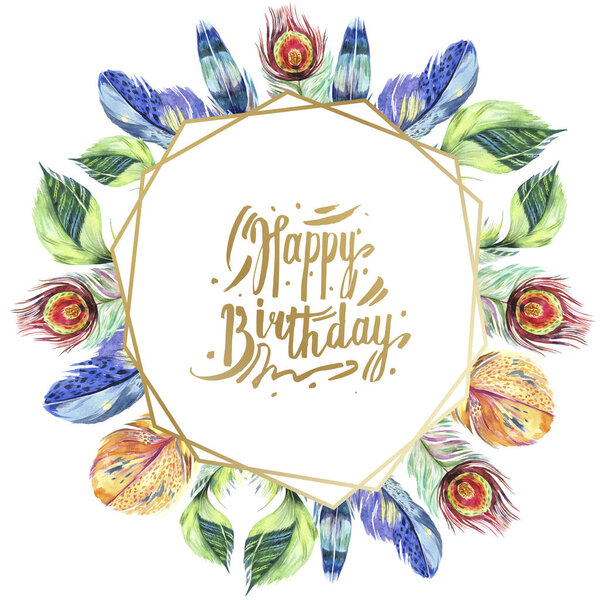 Colorful bird feather from wing isolated. Aquarelle feather for frame or border. Watercolor background illustration set. Watercolour drawing fashion aquarelle isolated. Frame border ornament square.