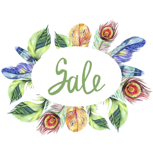 Colorful bird feather from wing isolated. Aquarelle feather for frame or border. Watercolor background illustration set. Watercolour drawing fashion aquarelle isolated. Frame border ornament square.