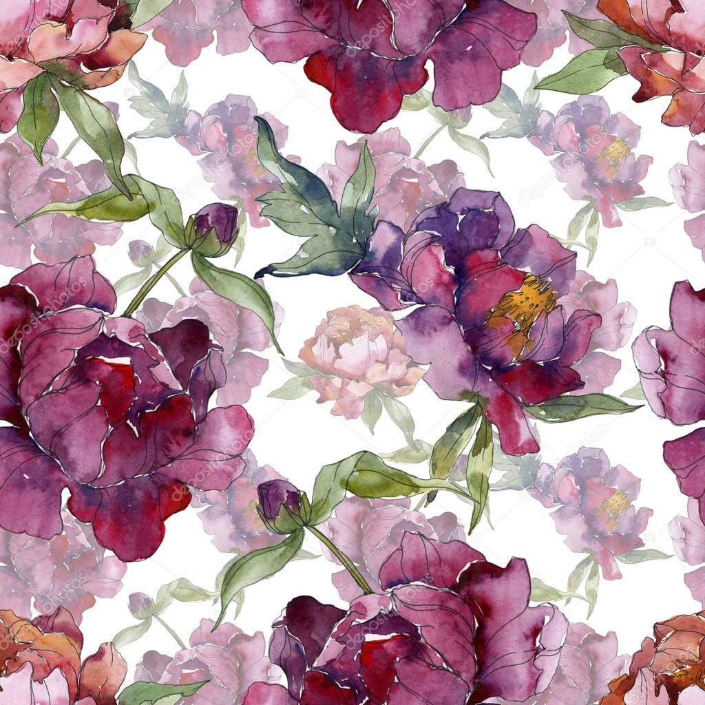 Purple peonies watercolor illustration set. Seamless background pattern. Fabric wallpaper print texture.