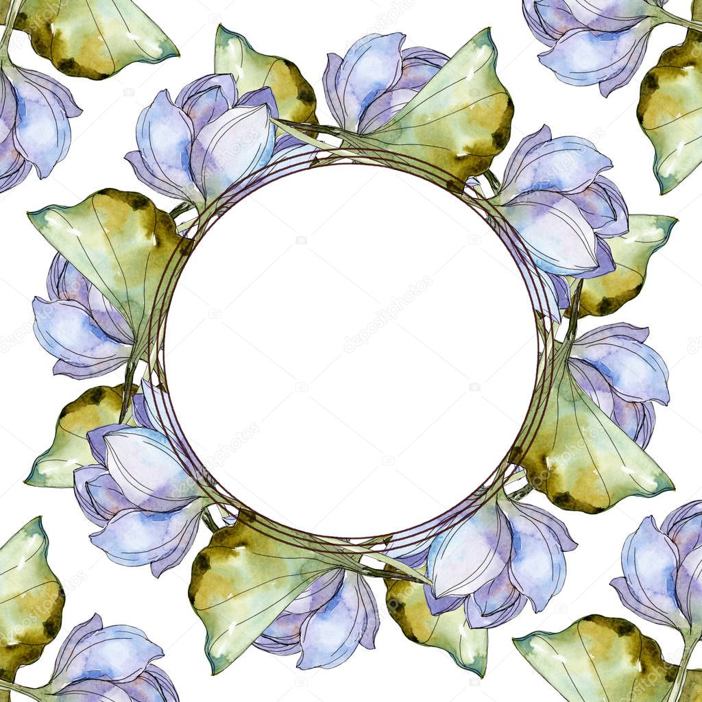 Blue lotuses. Watercolor background illustration set. Frame border ornament with copy space.