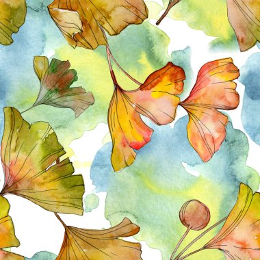 Yeşil sarı ginkgo biloba yaprak bitki botanik yeşillik. Suluboya resim kümesi. Suluboya çizim moda aquarelle izole. Sorunsuz arka plan deseni. Kumaş duvar kağıdı yazdırma doku.