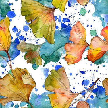 Yeşil sarı ginkgo biloba yaprak bitki botanik yeşillik. Suluboya resim kümesi. Suluboya çizim moda aquarelle izole. Sorunsuz arka plan deseni. Kumaş duvar kağıdı yazdırma doku.