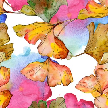 Yeşil sarı ginkgo biloba yaprak bitki botanik yeşillik. Suluboya resim kümesi. Suluboya çizim moda aquarelle izole. Sorunsuz arka plan deseni. Kumaş duvar kağıdı yazdırma doku.