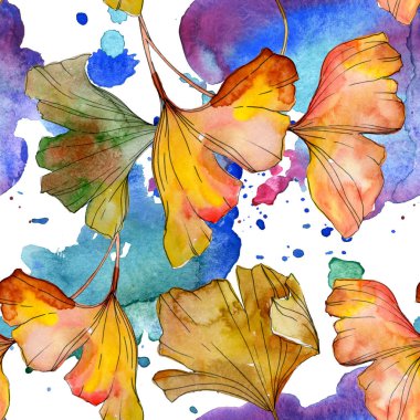 Yeşil sarı ginkgo biloba yaprak bitki botanik yeşillik. Suluboya resim kümesi. Suluboya çizim moda aquarelle izole. Sorunsuz arka plan deseni. Kumaş duvar kağıdı yazdırma doku.