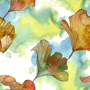 Yeşil sarı ginkgo biloba yaprak bitki botanik yeşillik. Suluboya resim kümesi. Suluboya çizim moda aquarelle izole. Sorunsuz arka plan deseni. Kumaş duvar kağıdı yazdırma doku.