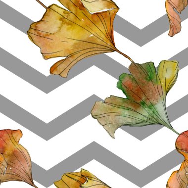 Yeşil sarı ginkgo biloba yaprak bitki botanik yeşillik. Suluboya resim kümesi. Suluboya çizim moda aquarelle izole. Sorunsuz arka plan deseni. Kumaş duvar kağıdı yazdırma doku.