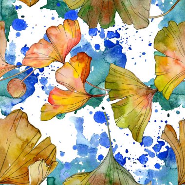 Yeşil sarı ginkgo biloba yaprak bitki botanik yeşillik. Suluboya resim kümesi. Suluboya çizim moda aquarelle izole. Sorunsuz arka plan deseni. Kumaş duvar kağıdı yazdırma doku.