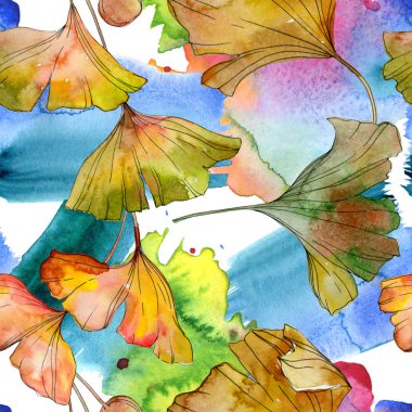 Yeşil sarı ginkgo biloba yaprak bitki botanik yeşillik. Suluboya resim kümesi. Suluboya çizim moda aquarelle izole. Sorunsuz arka plan deseni. Kumaş duvar kağıdı yazdırma doku.