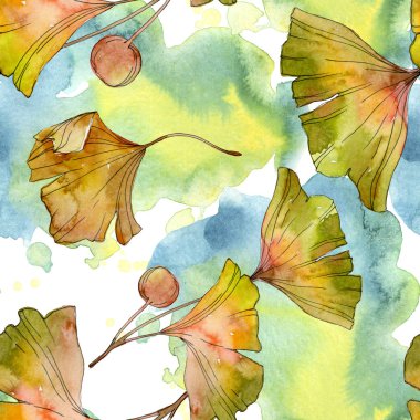Yeşil sarı ginkgo biloba yaprak bitki botanik yeşillik. Suluboya resim kümesi. Suluboya çizim moda aquarelle izole. Sorunsuz arka plan deseni. Kumaş duvar kağıdı yazdırma doku.
