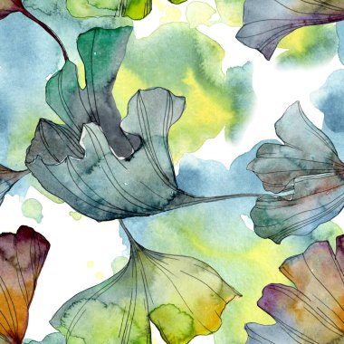 Ginkgo biloba yaprak bitki botanik bahçe çiçek yaprakları. Suluboya resim kümesi. Suluboya çizim moda aquarelle izole. Sorunsuz arka plan deseni. Kumaş duvar kağıdı yazdırma doku.