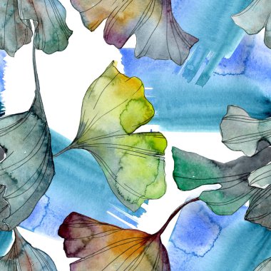 Ginkgo biloba yaprak bitki botanik bahçe çiçek yaprakları. Suluboya resim kümesi. Suluboya çizim moda aquarelle izole. Sorunsuz arka plan deseni. Kumaş duvar kağıdı yazdırma doku.
