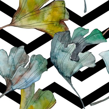 Ginkgo biloba yaprak bitki botanik bahçe çiçek yaprakları. Suluboya resim kümesi. Suluboya çizim moda aquarelle izole. Sorunsuz arka plan deseni. Kumaş duvar kağıdı yazdırma doku.