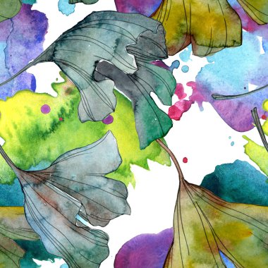 Ginkgo biloba yaprak bitki botanik bahçe çiçek yaprakları. Suluboya resim kümesi. Suluboya çizim moda aquarelle izole. Sorunsuz arka plan deseni. Kumaş duvar kağıdı yazdırma doku.