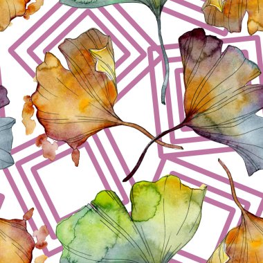 Ginkgo biloba yaprak bitki botanik bahçe çiçek yaprakları. Suluboya resim kümesi. Suluboya çizim moda aquarelle izole. Sorunsuz arka plan deseni. Kumaş duvar kağıdı yazdırma doku.