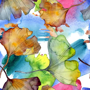 Ginkgo biloba yaprak bitki botanik bahçe çiçek yaprakları. Suluboya resim kümesi. Suluboya çizim moda aquarelle izole. Sorunsuz arka plan deseni. Kumaş duvar kağıdı yazdırma doku.