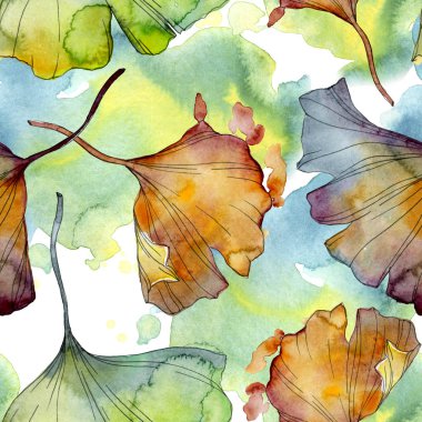 Ginkgo biloba yaprak bitki botanik bahçe çiçek yaprakları. Suluboya resim kümesi. Suluboya çizim moda aquarelle izole. Sorunsuz arka plan deseni. Kumaş duvar kağıdı yazdırma doku.