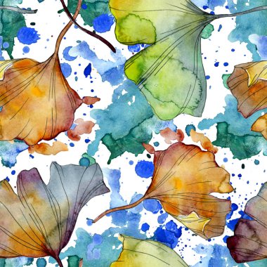 Ginkgo biloba yaprak bitki botanik bahçe çiçek yaprakları. Suluboya resim kümesi. Suluboya çizim moda aquarelle izole. Sorunsuz arka plan deseni. Kumaş duvar kağıdı yazdırma doku.