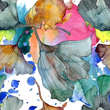 Ginkgo biloba yaprak bitki botanik bahçe çiçek yaprakları. Suluboya resim kümesi. Suluboya çizim moda aquarelle izole. Sorunsuz arka plan deseni. Kumaş duvar kağıdı yazdırma doku.