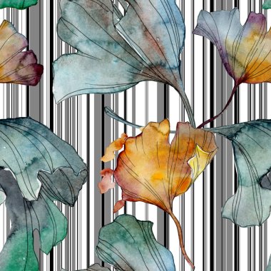 Ginkgo biloba yaprak bitki botanik bahçe çiçek yaprakları. Suluboya resim kümesi. Suluboya çizim moda aquarelle izole. Sorunsuz arka plan deseni. Kumaş duvar kağıdı yazdırma doku.