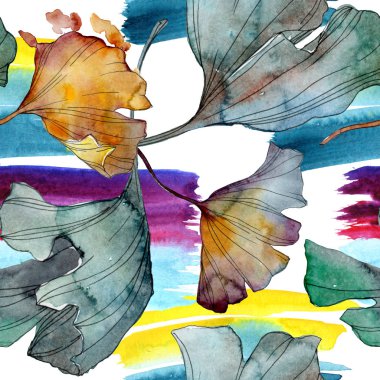 Ginkgo biloba yaprak bitki botanik bahçe çiçek yaprakları. Suluboya resim kümesi. Suluboya çizim moda aquarelle izole. Sorunsuz arka plan deseni. Kumaş duvar kağıdı yazdırma doku.
