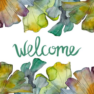 Ginkgo biloba yaprak. Yaprak bitki botanik bahçe çiçek yaprakları. Suluboya arka plan illüstrasyon küme. Suluboya çizim moda aquarelle izole. Çerçeve kenarlığı süsleme Meydanı.