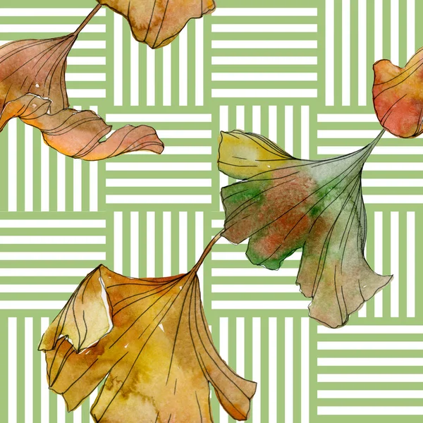 Green yellow ginkgo biloba leaf plant botanical foliage. Watercolor illustration set. Watercolour drawing fashion aquarelle isolated. Seamless background pattern. Fabric wallpaper print texture.